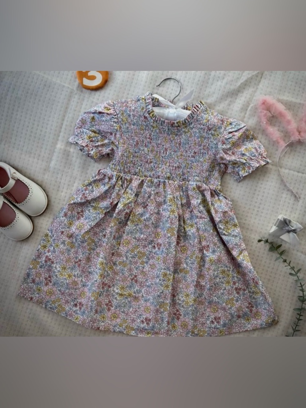 Smocked Floral Cotton Dress for Girls - Pink Multi